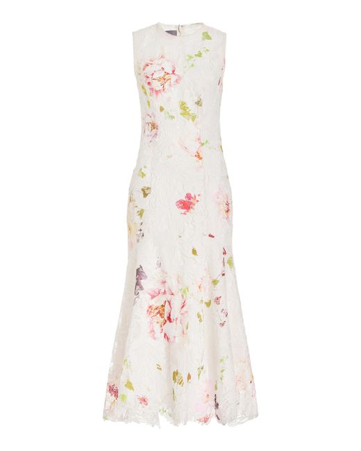 Monique Lhuillier White Floral Lace Midi Dress