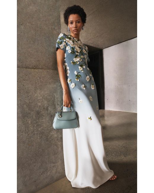 Oscar de la Renta White Embroidered Stretch-Silk Gown
