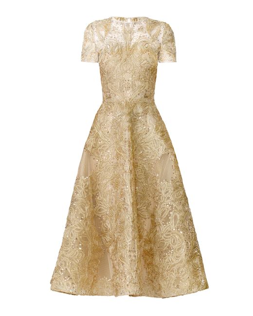 Naeem Khan Natural Metallic Raffia Cap Sleeve Cocktail Dress