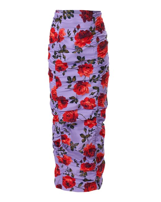 Carolina Herrera Red Ruched Stemmed-Rose-Printed Stretch-Cotton Pencil Skirt