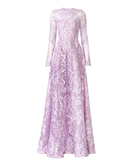 Naeem Khan Purple Ribbon Lace Long Sleeve Gown