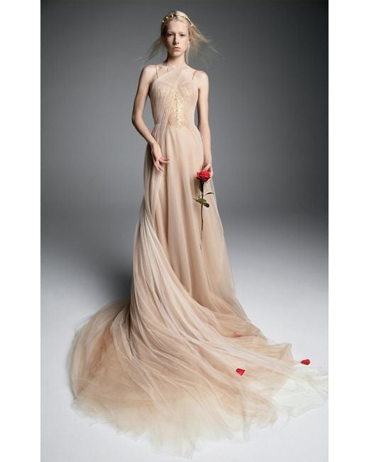 Vera Wang Natural Benoite Tulle A-line Gown With Corset Bodice And French Tulle Halter Drape