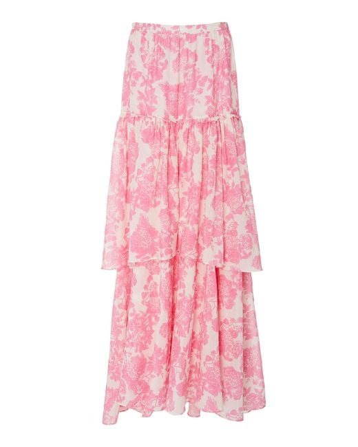 LoveShackFancy Pink Andrea Tiered Floral-print Cotton And Silk Maxi Skirt