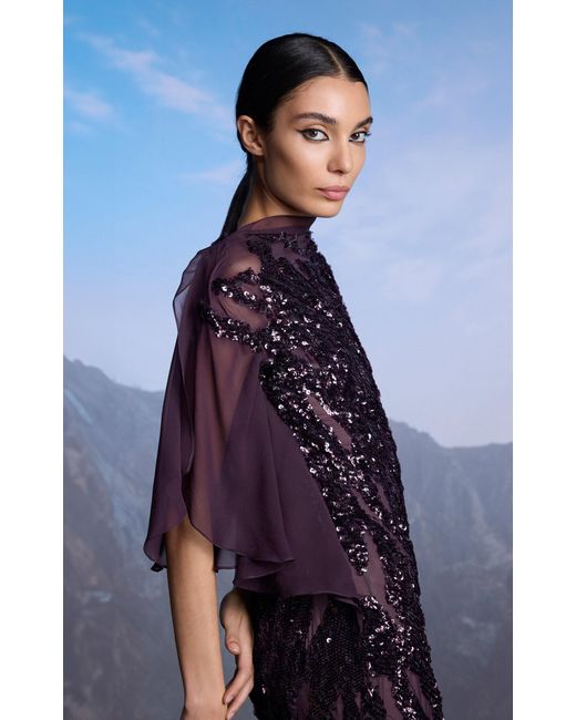 Marmar Halim Purple Flutter Sleeve Sequined Silk Chiffon Gown