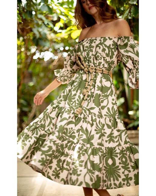 ANDRES OTALORA Green La Plaza Off-the-shoulder Linen Midi Dress