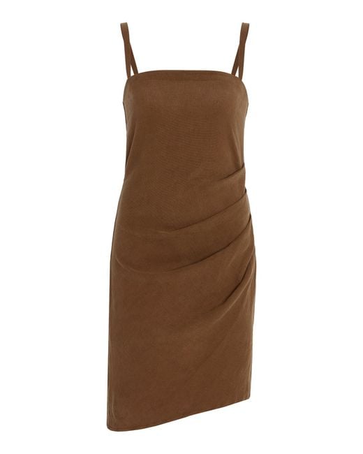 Anemos Brown Nadege Draped Linen-Blend Mini Dress