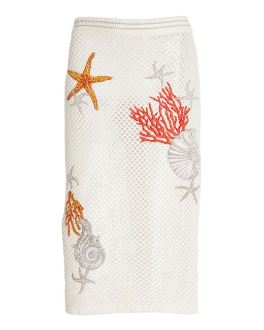 Versace White Coral-embroidered Knit-cotton Midi Skirt