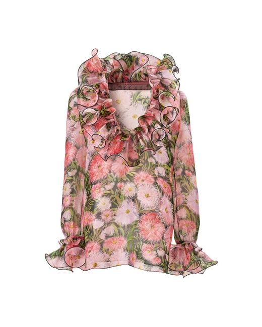 Carolina Herrera Red Ruffled Powderpuff Crepe Organza Blouse