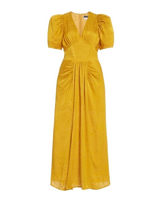 ROTATE BIRGER CHRISTENSEN Yellow Alma Puff Sleeve Broderie Midi Dress