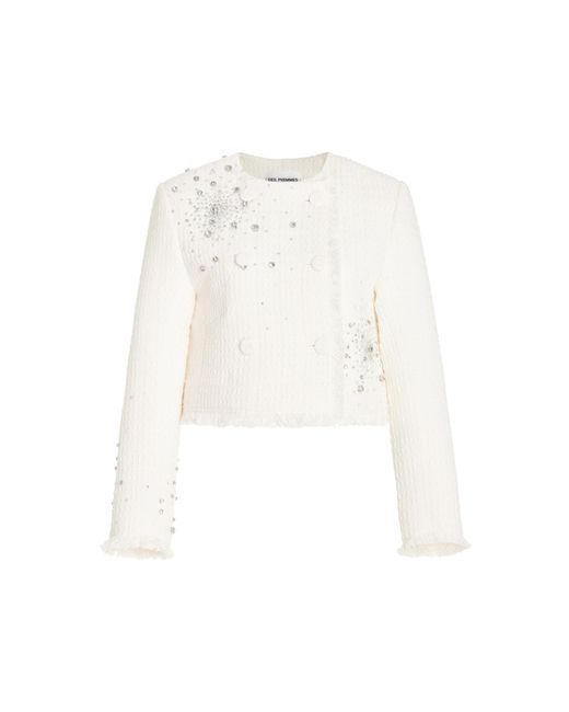 DES_PHEMMES White Exclusive Crystal-embellished Cotton Tweed Cropped Jacket