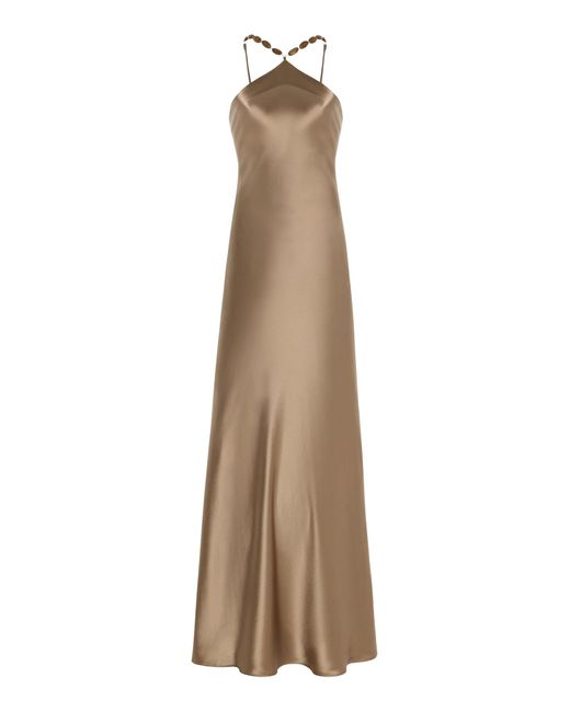 Staud Natural Cadence Beaded Satin Maxi Slip Dress