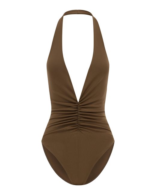 Alex Perry Brown Halter Ruched Powermesh Bodysuit