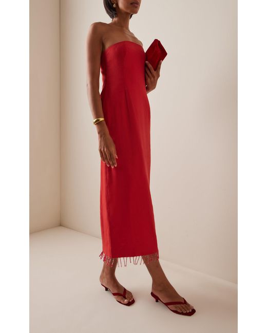 Third Form Red Flame Strapless Linen-Blend Midi Dress