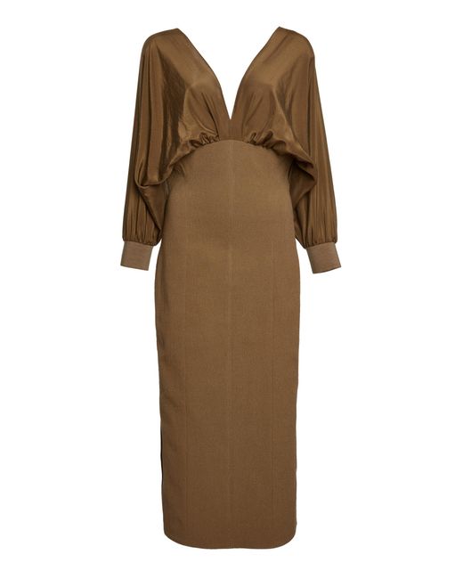Lanvin Natural V-Neck Bi-Material Midi Dress