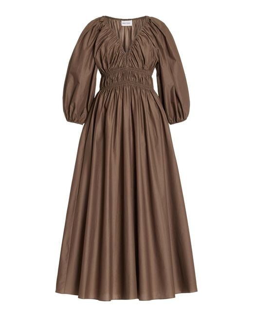 Matteau Brown Shirred Puff-sleeve Organic Cotton Midi Dress