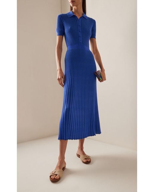 Gabriela Hearst Blue Amor Ribbed Knit Cashmere-silk Polo Midi Dress