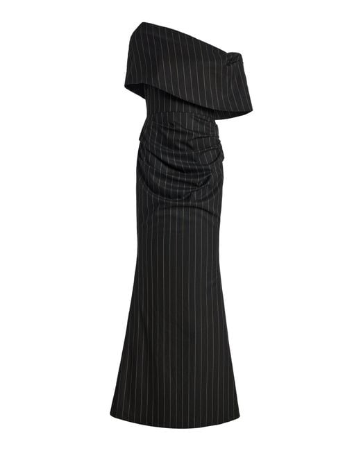 Greta Constantine Black Aloseph Asymmetric Pinstriped Gown