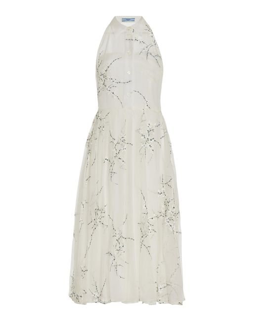 Prada White Embroidered Silk-cotton Midi Shirt Dress