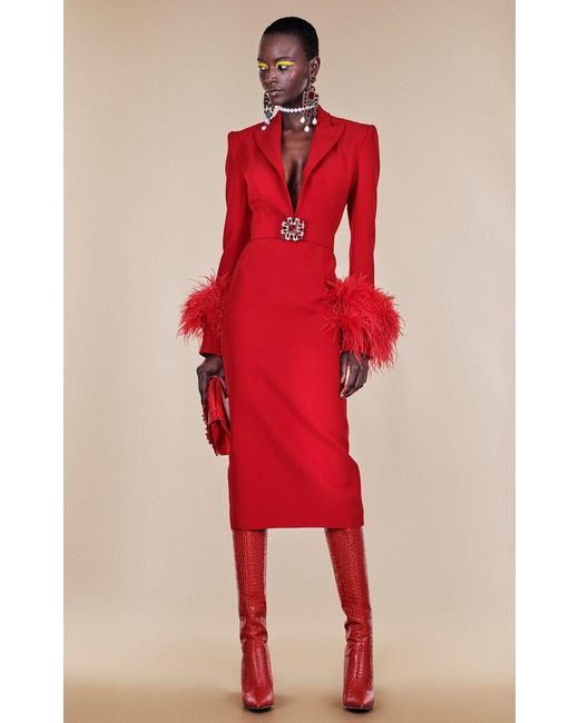 Andrew Gn Red Belted Embellished Feather-trimmed Crepe Midi Dress