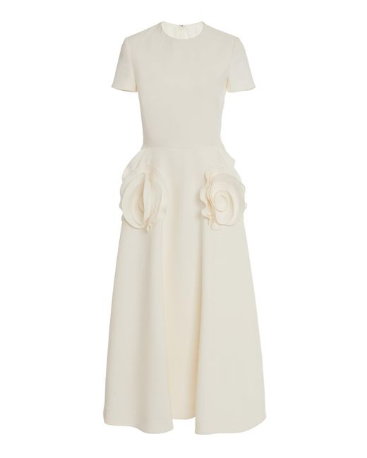 Valentino Garavani White Flower-detailed Wool-silk Midi Dress