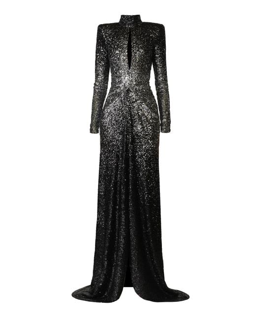 Naeem Khan Black Ombre Draped Mock Neck Stretch Sequin Gown With Front Slit