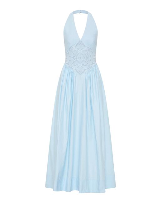 ROAME. Blue Maddie Broderie Anglaise Cotton Halter Maxi Dress