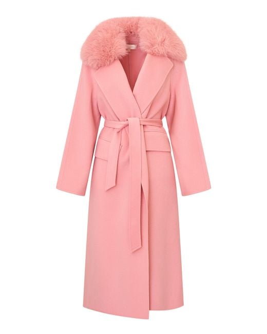 LoveShackFancy Pink Katniss Fur-Trimmed Wool Trench Coat