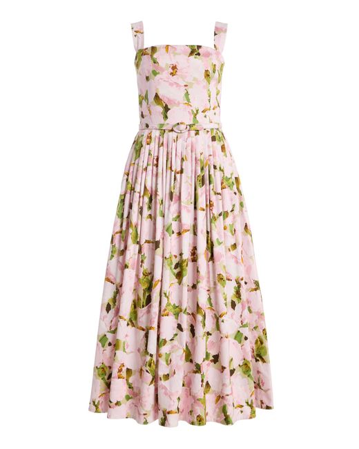 Oscar de la Renta White Watercolor Iris Poplin Midi Dress