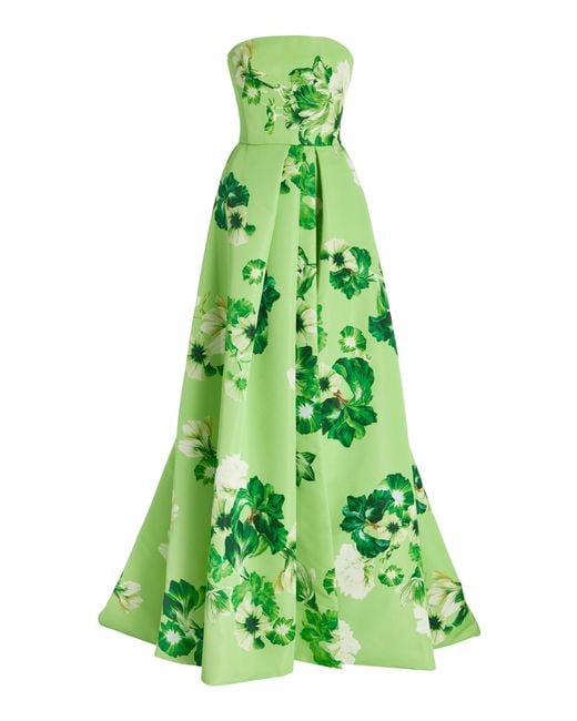 Monique Lhuillier Green Floral Crepe Strapless Gown