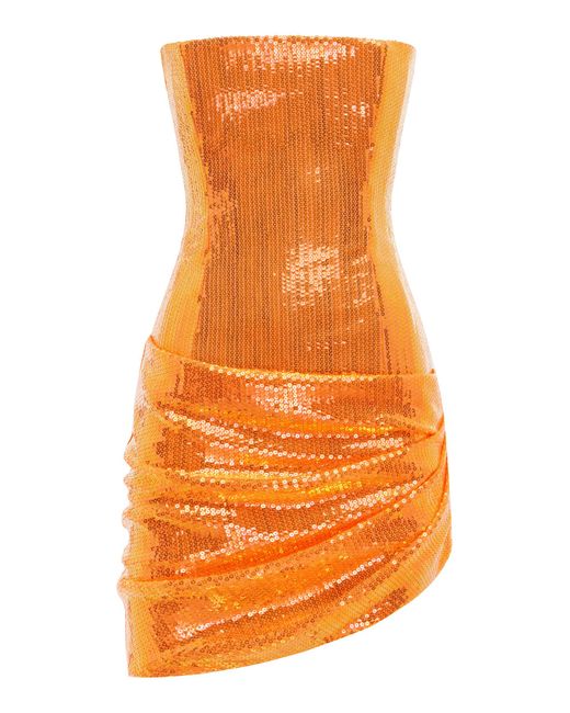 Alex Perry Orange Strapless Draped Sequined Mesh Mini Dress