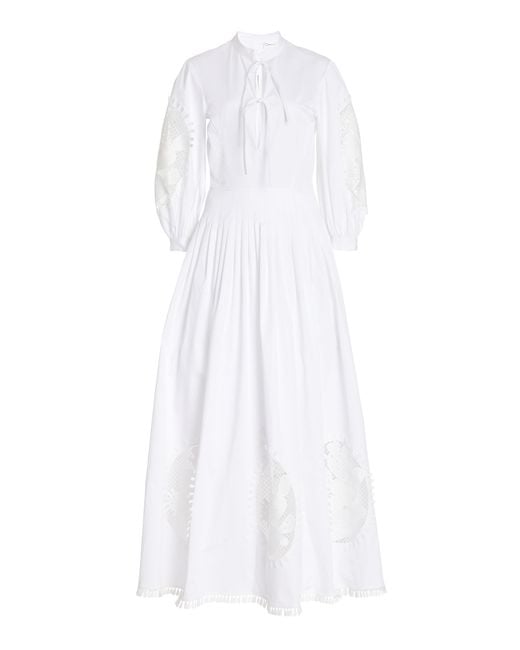 Oscar de la Renta White Embroidered Pleated Cotton Poplin Maxi Dress