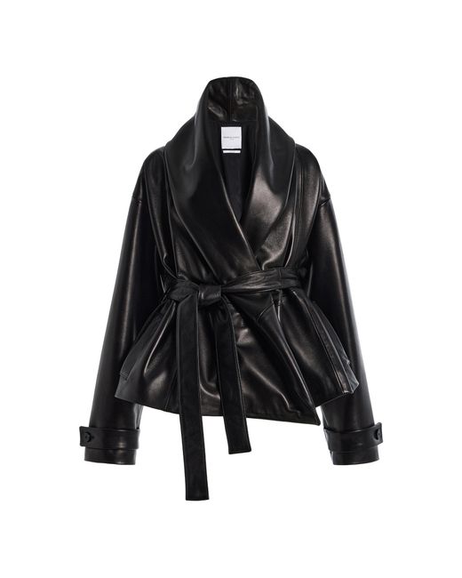 Brandon Maxwell Black Bennet Lamb Leather Cropped Trench Coat