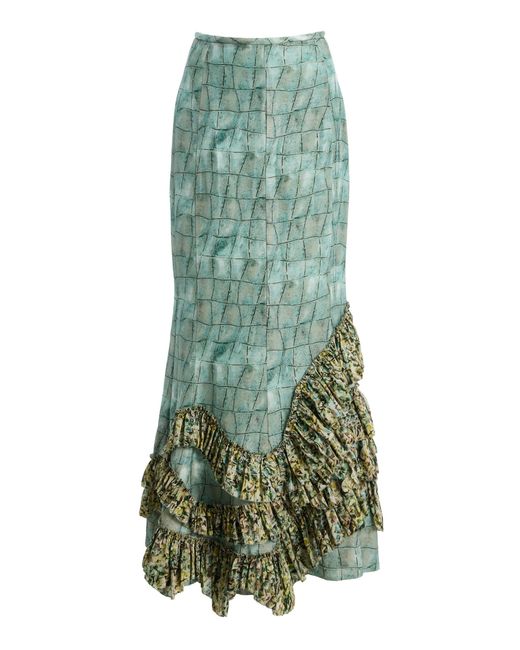 ALÉMAIS Green Sirena Ruffled Linen-Blend Maxi Skirt