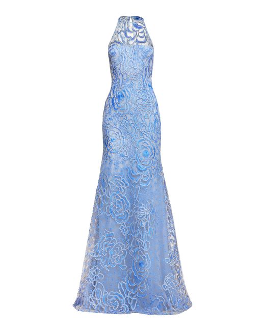 Naeem Khan Blue Floral Organza Gown
