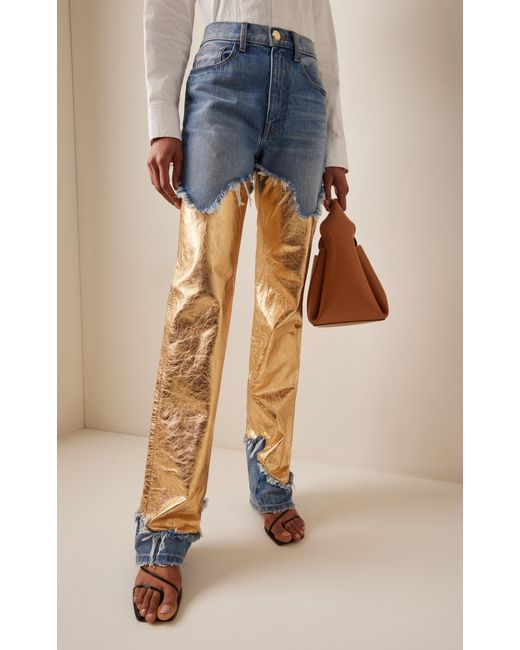 Brandon Maxwell Blue The Cortlandt Paneled Metallic Leather Straight-leg Jeans