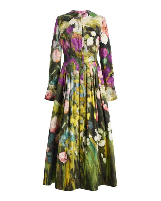 Oscar de la Renta Green Abstract Garden Poplin Sateen Midi Dress