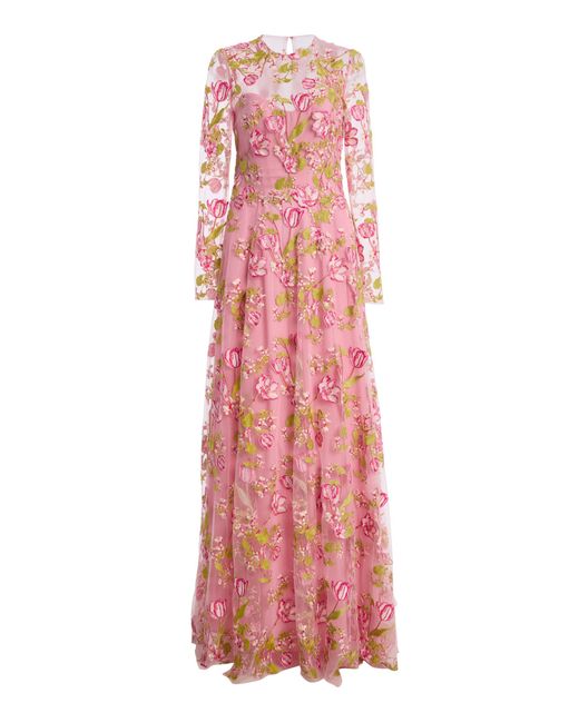Monique Lhuillier Embroidered Illusion Bodice Long-Sleeve Dress
