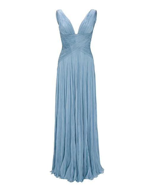 Marmar Halim Blue Lettuce Hem Pleated Silk Gown