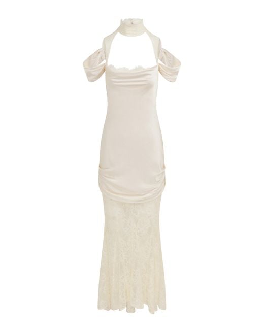 De La Vali White Belleza Draped Silk Maxi Dress