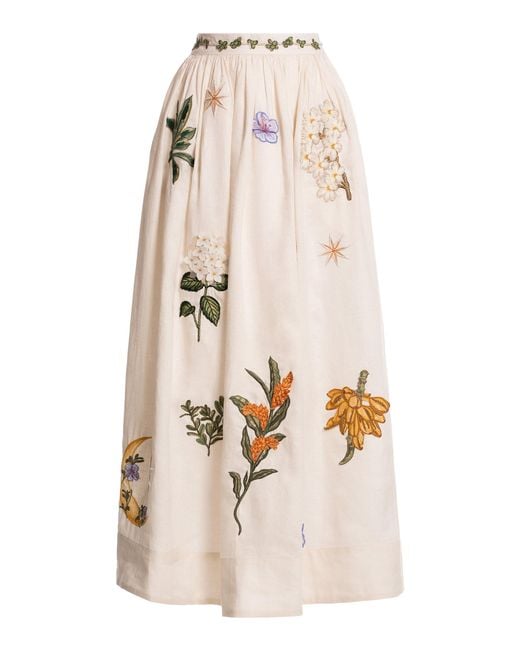 Agua Bendita Natural Tangelo Embroidered Linen Maxi Skirt