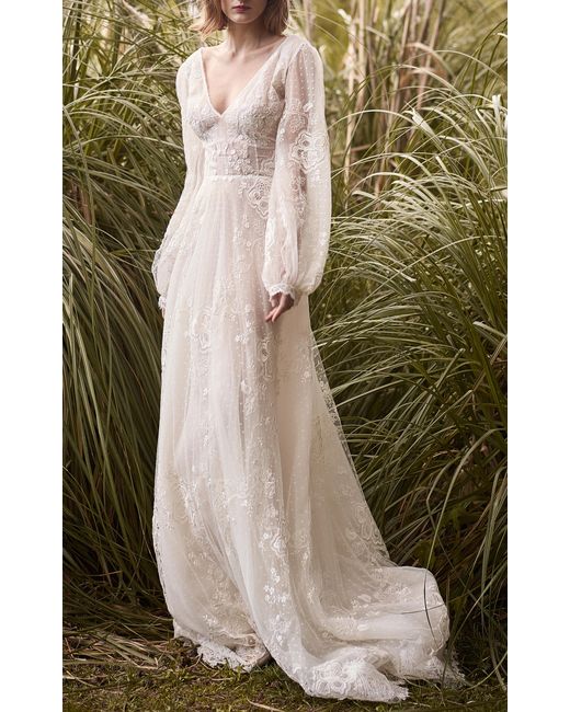 Costarellos Bridal White Embroidered Lace Ethereal Gown