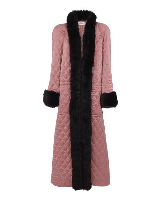 Chloé Brown Shearling-Trimmed Technical Satin Coat
