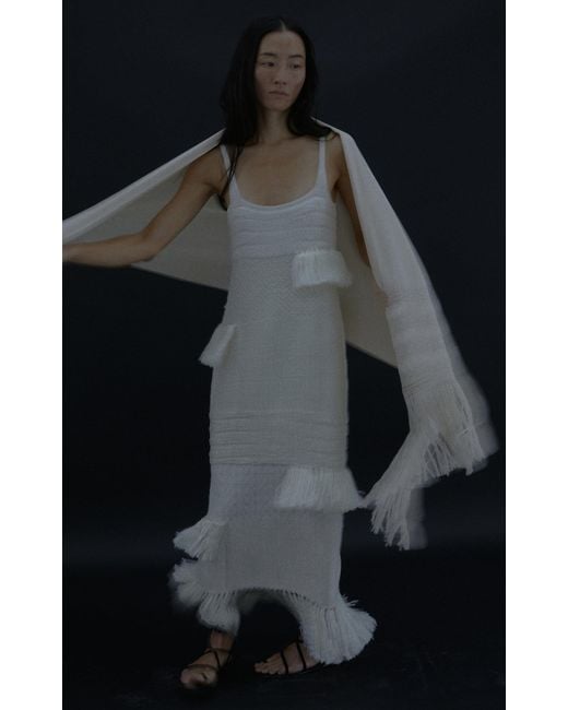 Heirlome White Lia Fringed Knit Silk Maxi Dress