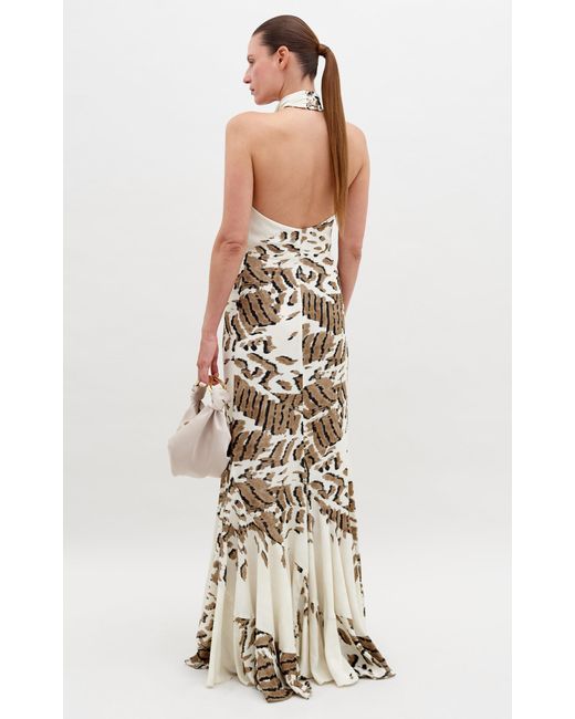 Silvia Tcherassi Natural Raisa Printed Halter Gown