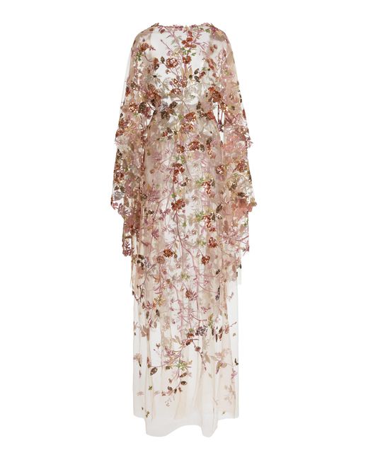 Zuhair Murad Natural Sequins Tulle Beaded Kaftan Cape Maxi Dress