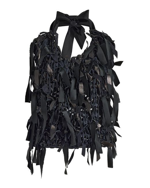 Khaite Black Tevis Fringed Plonge Leather Halter Top