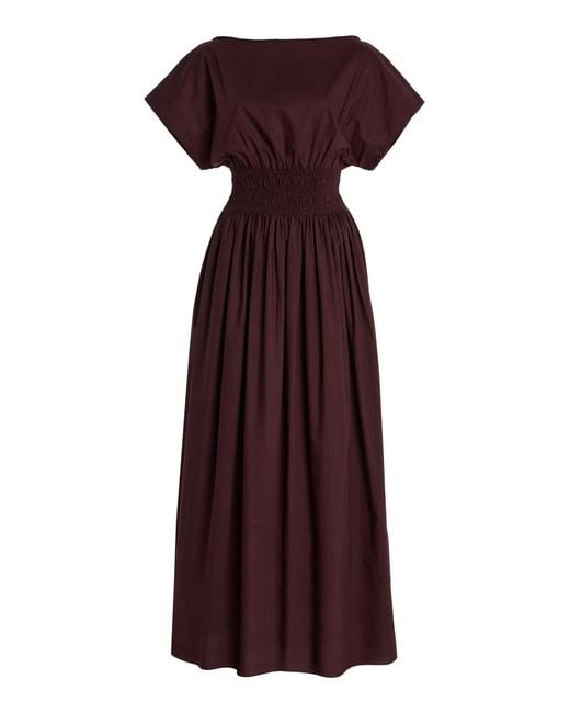 Matteau Purple Shirred-Waist Cotton Midi Dress