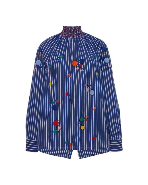 Prada Blue Embroidered Cotton Smocked Top