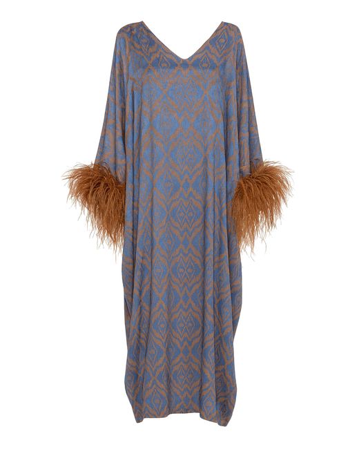 ‎Dima Ayad Blue Feather-Trimmed Metallic Print Maxi Kaftan