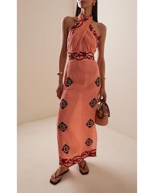 Johanna Ortiz Pink Energetic Patterns Linen Halter Midi Dress